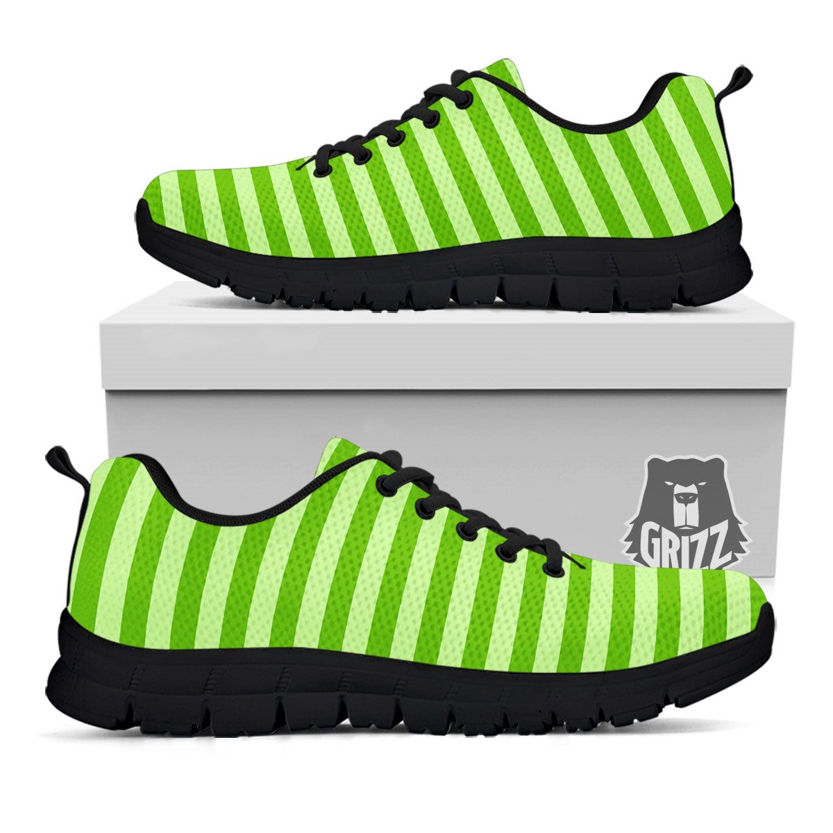 Striped Green Print Pattern Black Sneaker-grizzshop
