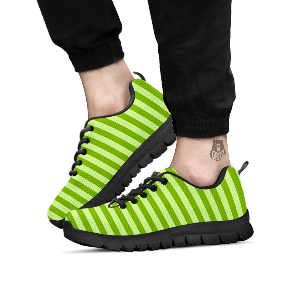 Striped Green Print Pattern Black Sneaker-grizzshop