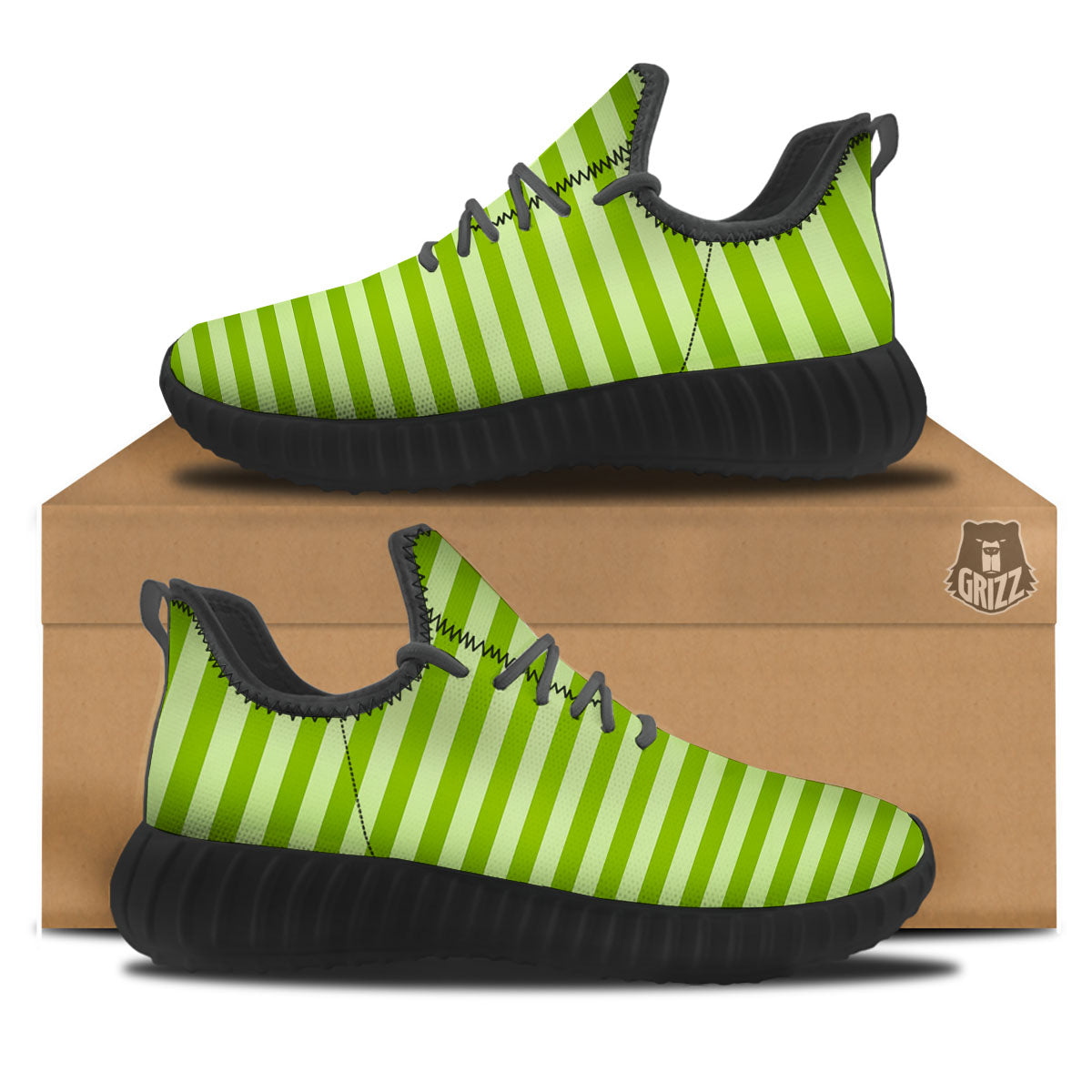 Striped Green Print Pattern Black Walking Shoes-grizzshop