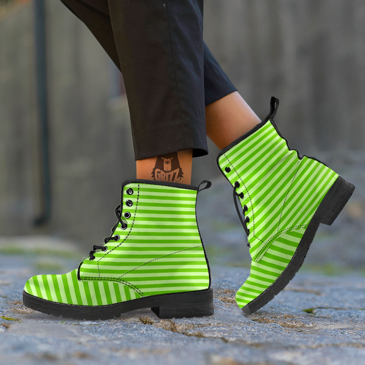 Striped Green Print Pattern Leather Boots-grizzshop