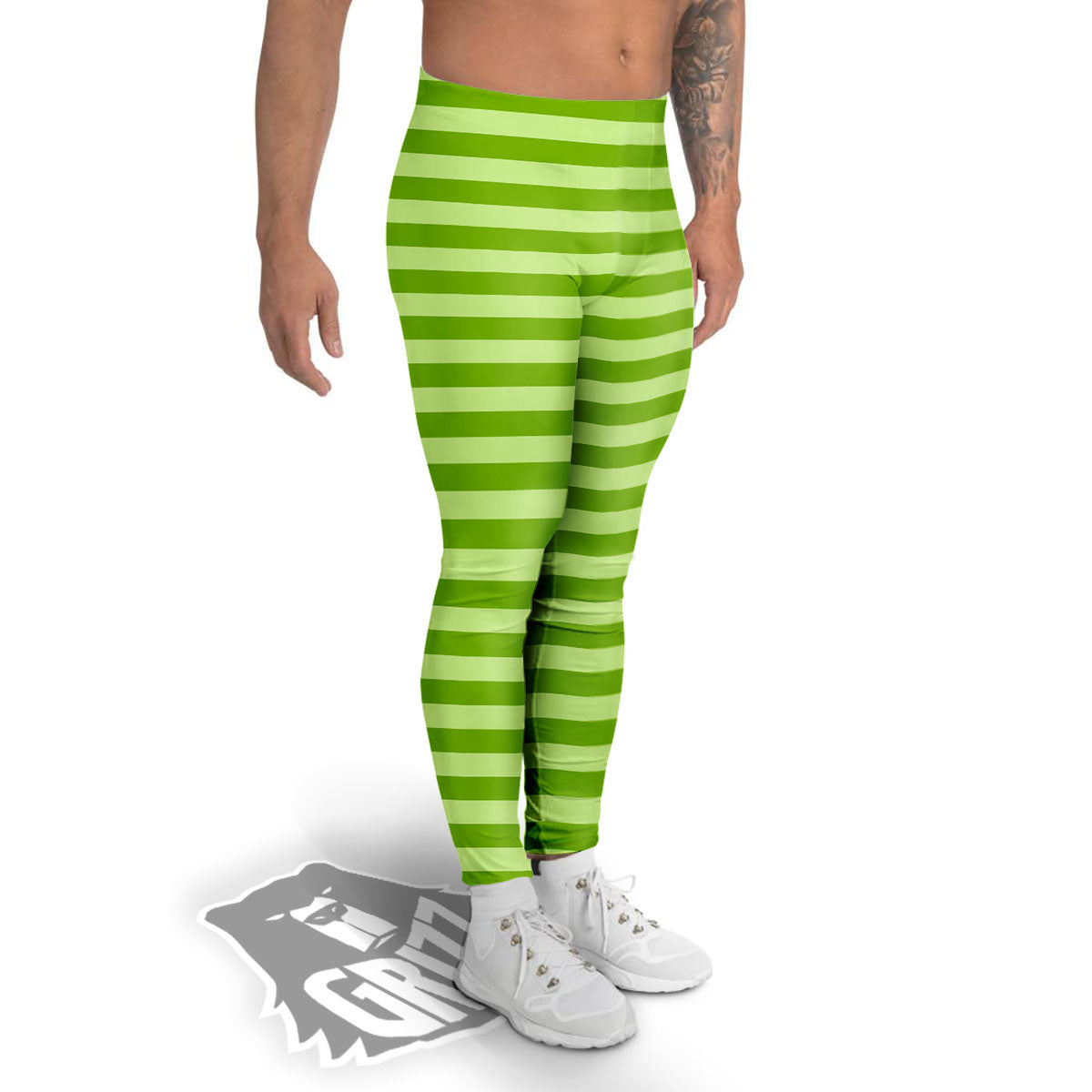 Striped Green Print Pattern Men's Leggings-grizzshop