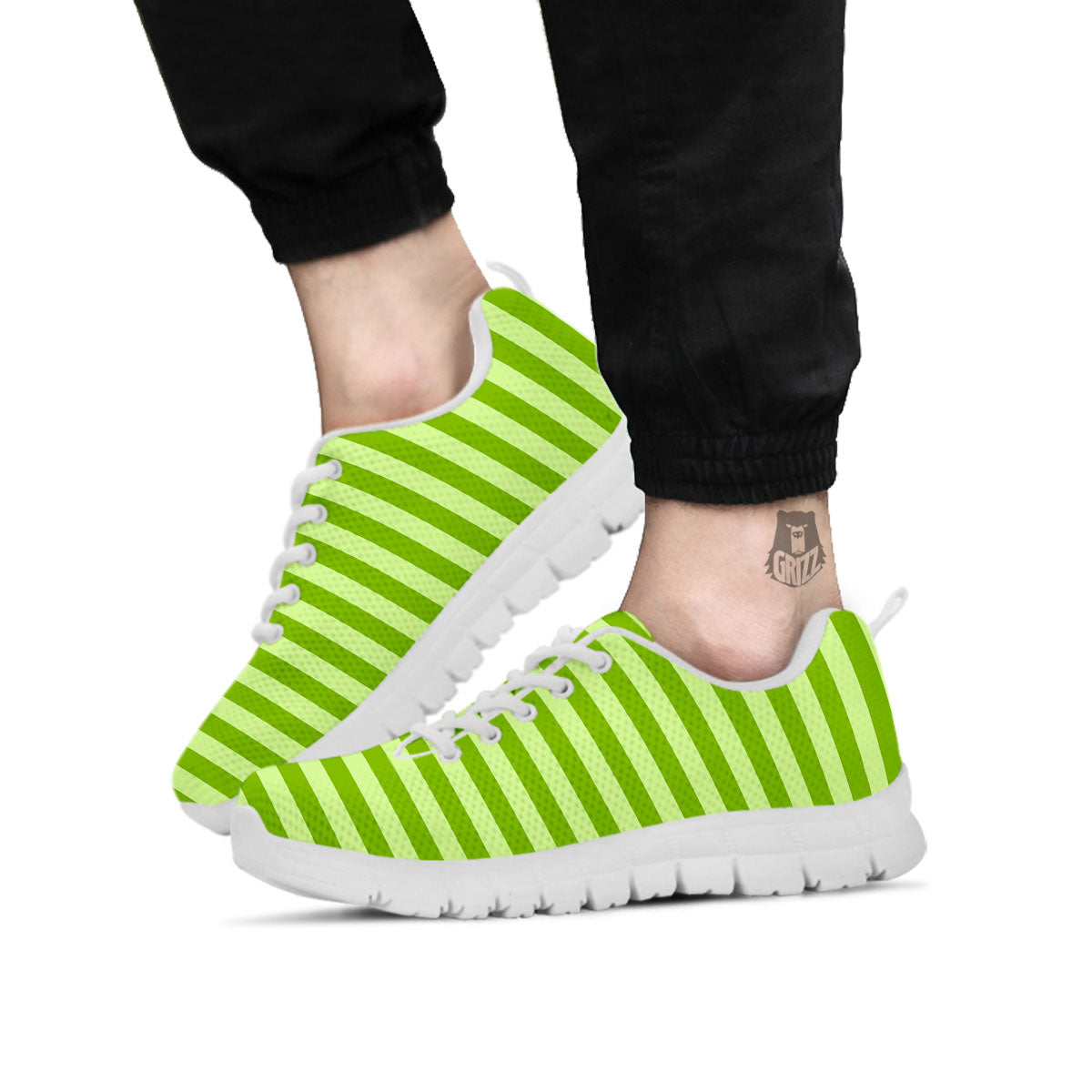 Striped Green Print Pattern White Sneaker-grizzshop