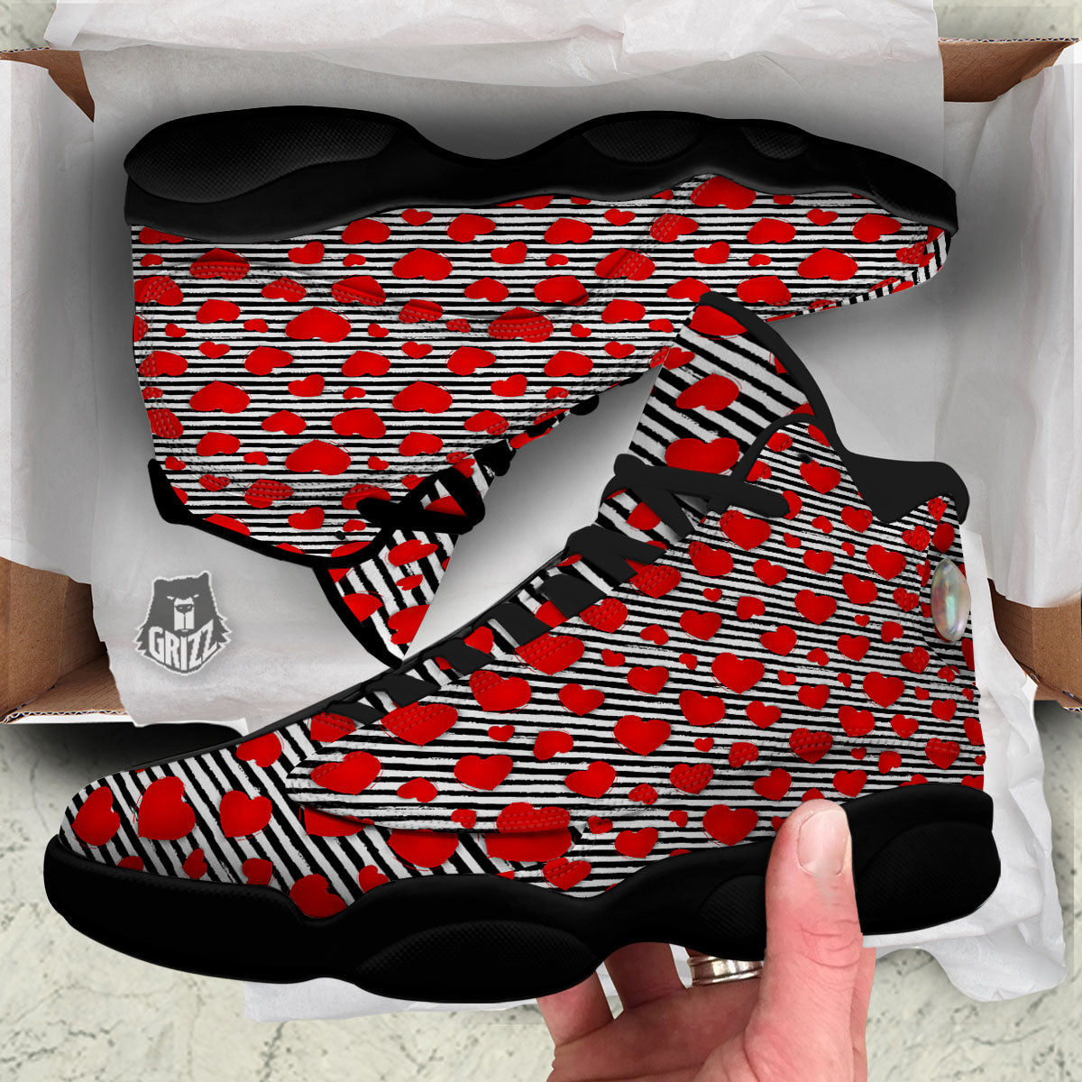 Striped Heart White And Black Print Black Basketball Shoes-grizzshop
