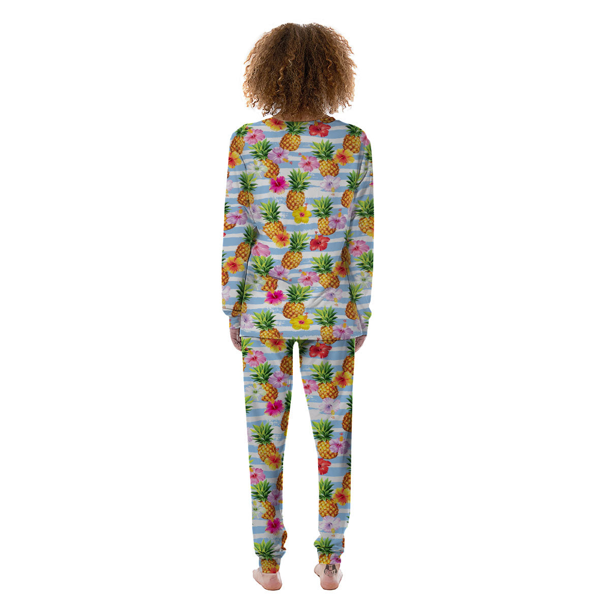 Striped Hibiscus And Pineapple Print Women's Pajamas-grizzshop