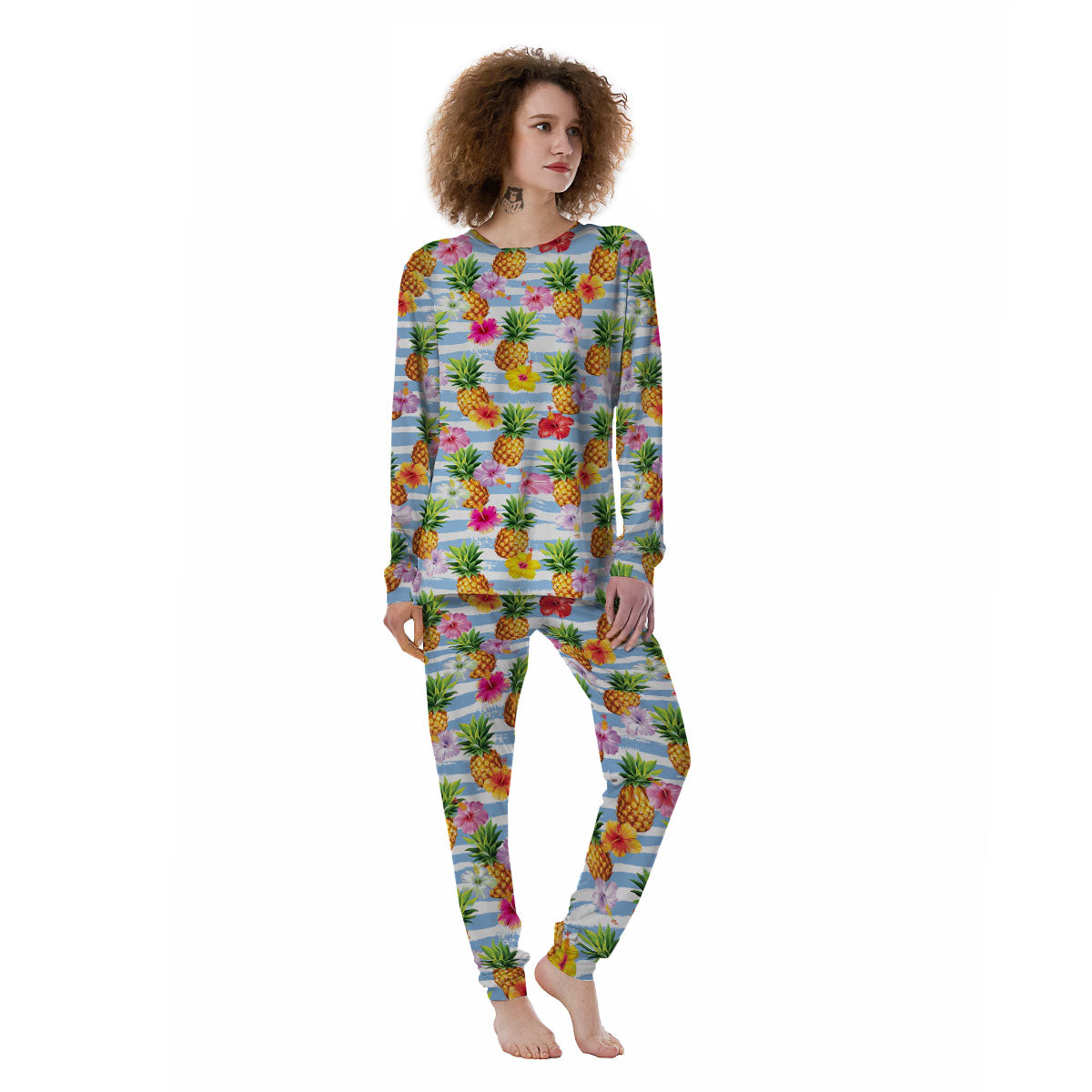 Striped Hibiscus And Pineapple Print Women's Pajamas-grizzshop