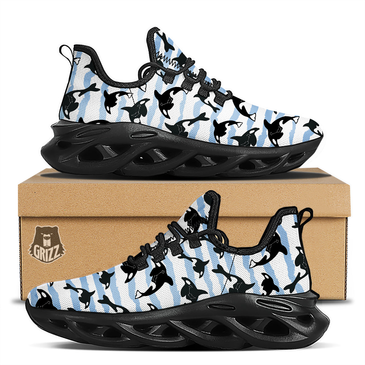 Striped Killer Whale Blue Print Pattern Black Running Shoes-grizzshop