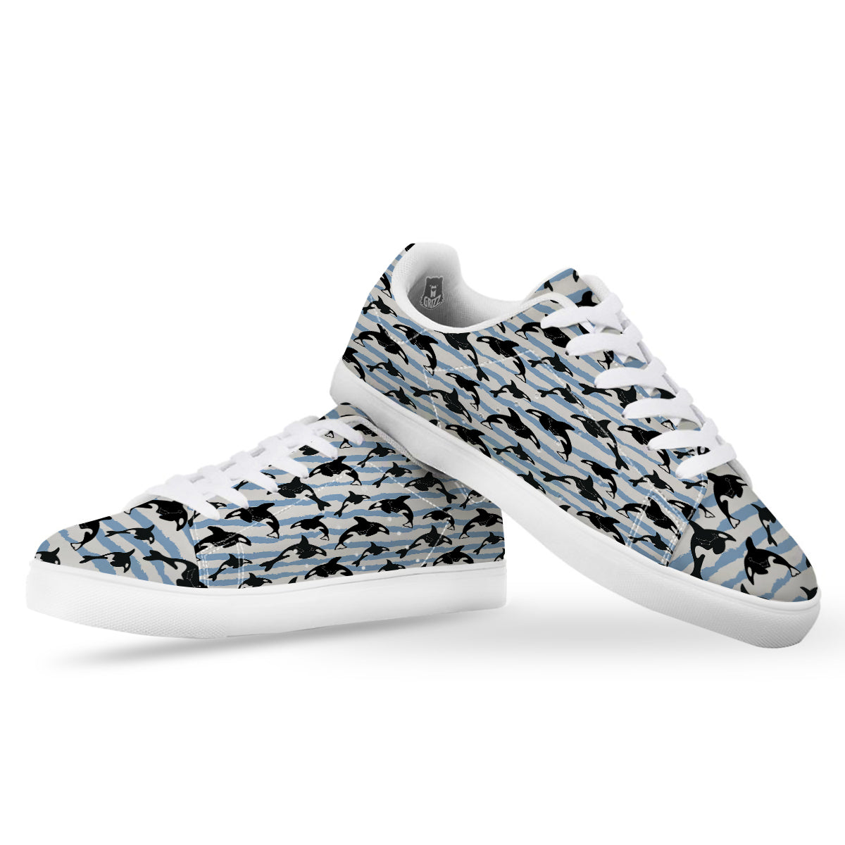 Striped Killer Whale Blue Print Pattern White Low Top Sneakers-grizzshop