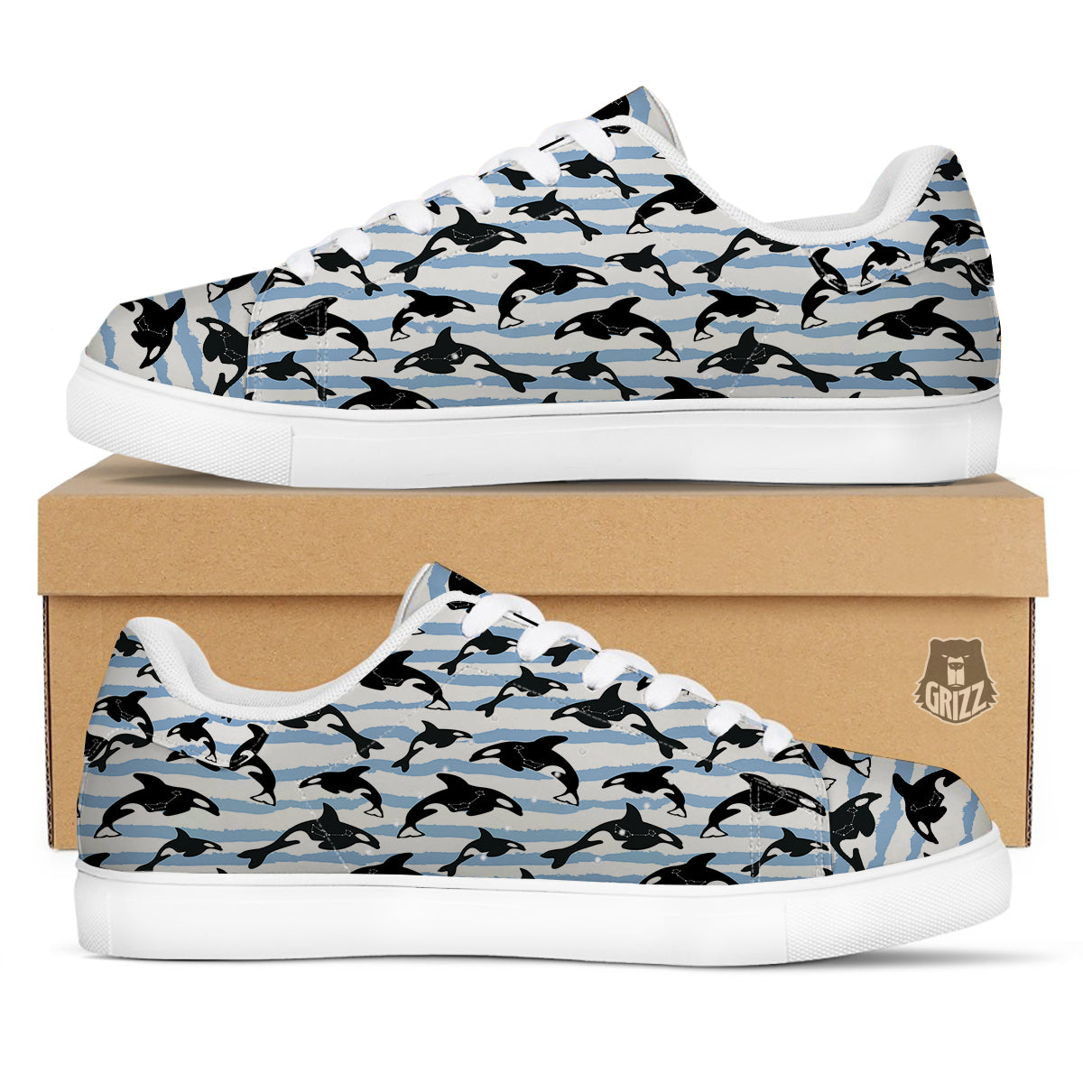 Striped Killer Whale Blue Print Pattern White Low Top Sneakers-grizzshop
