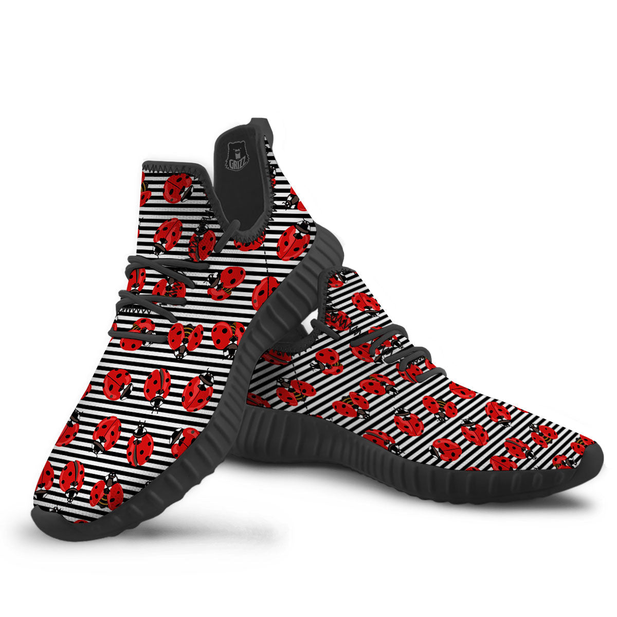 Striped Ladybug Print Pattern Black Walking Shoes-grizzshop