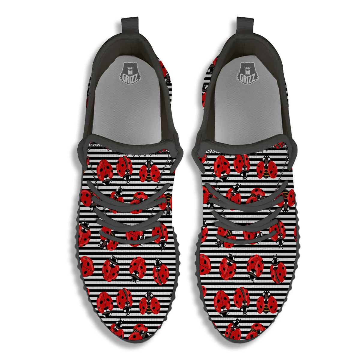 Striped Ladybug Print Pattern Black Walking Shoes-grizzshop