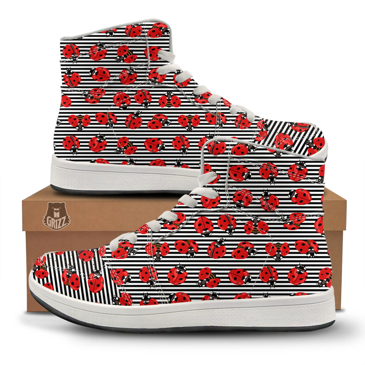 Striped Ladybug Print Pattern High Top Sneakers-grizzshop