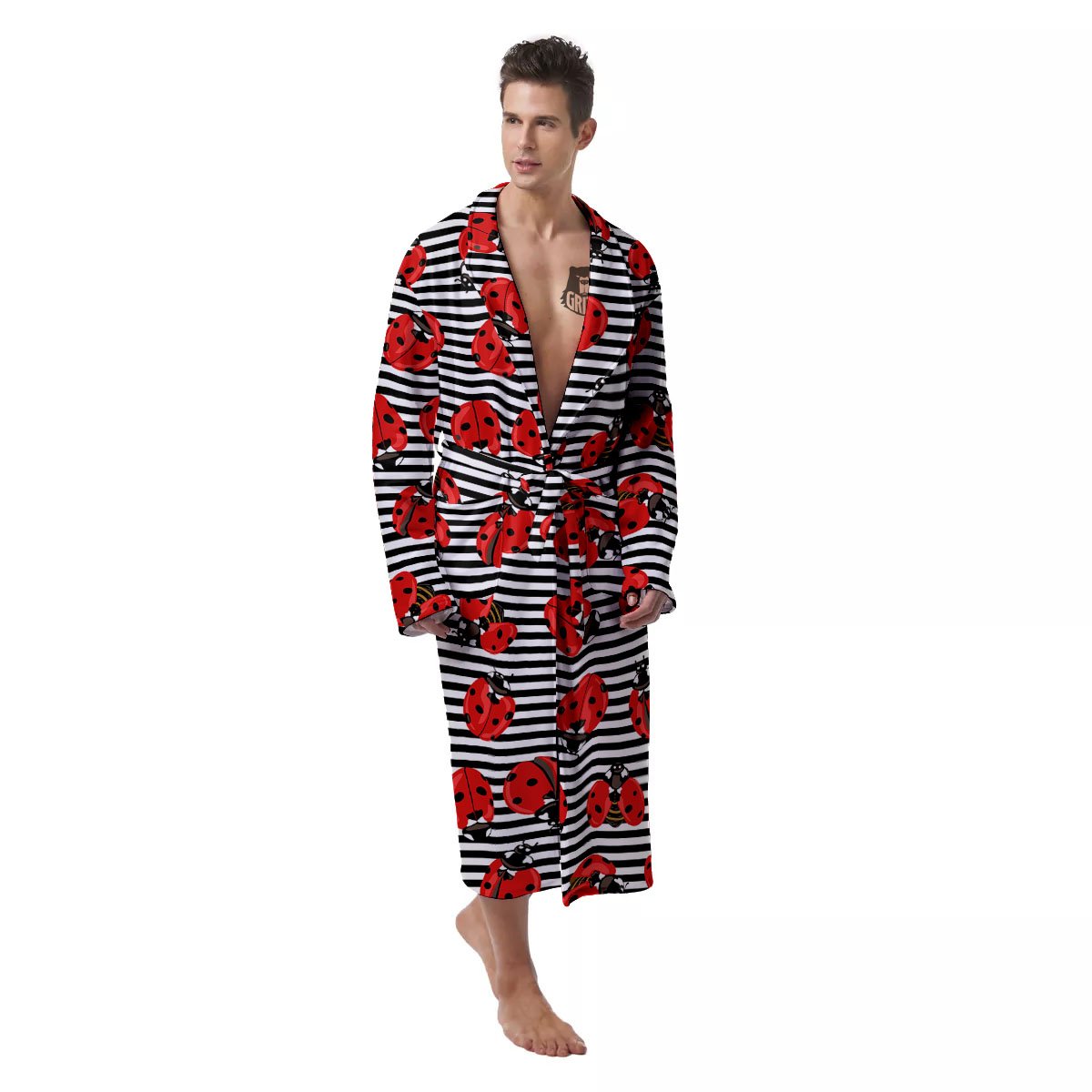 Striped Ladybug Print Pattern Men's Robe-grizzshop
