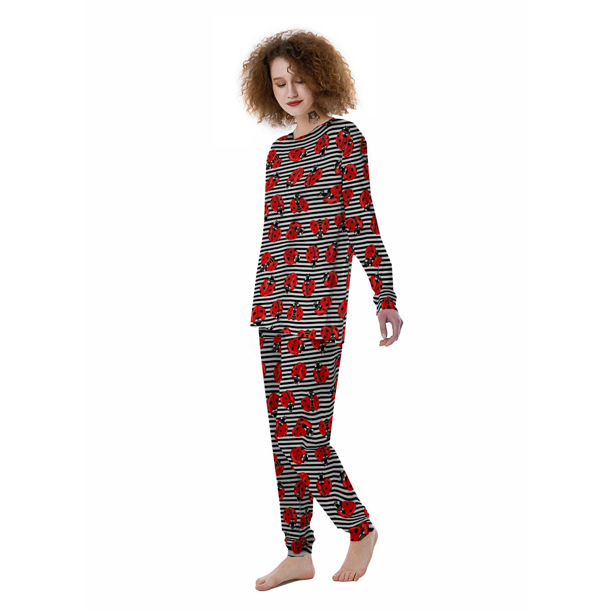 Striped Ladybug Print Pattern Women's Pajamas-grizzshop