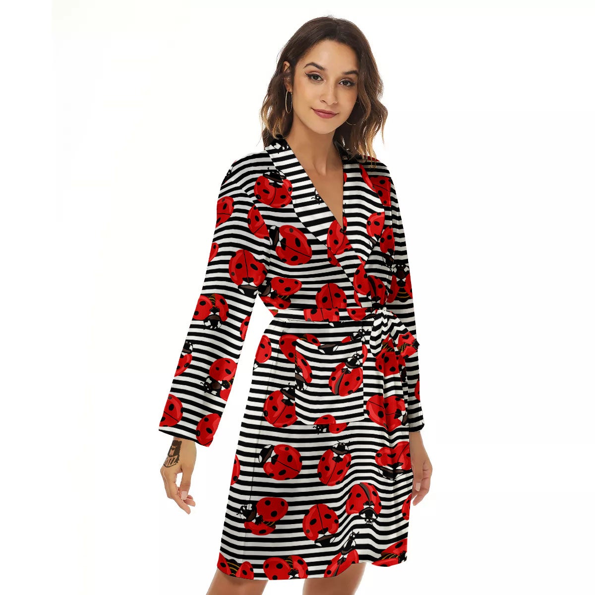 Striped Ladybug Print Pattern Women's Robe-grizzshop