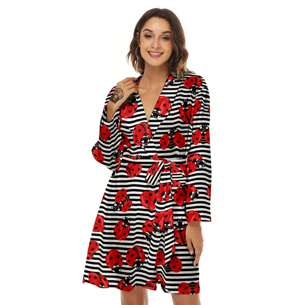 Striped Ladybug Print Pattern Women's Robe-grizzshop