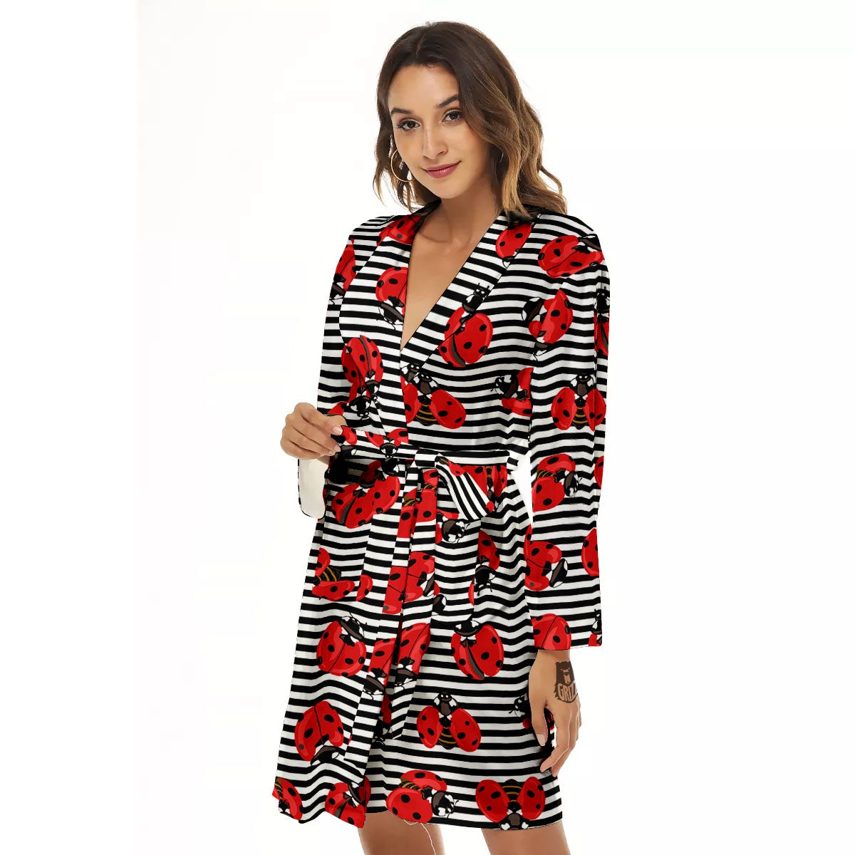 Striped Ladybug Print Pattern Women's Robe-grizzshop