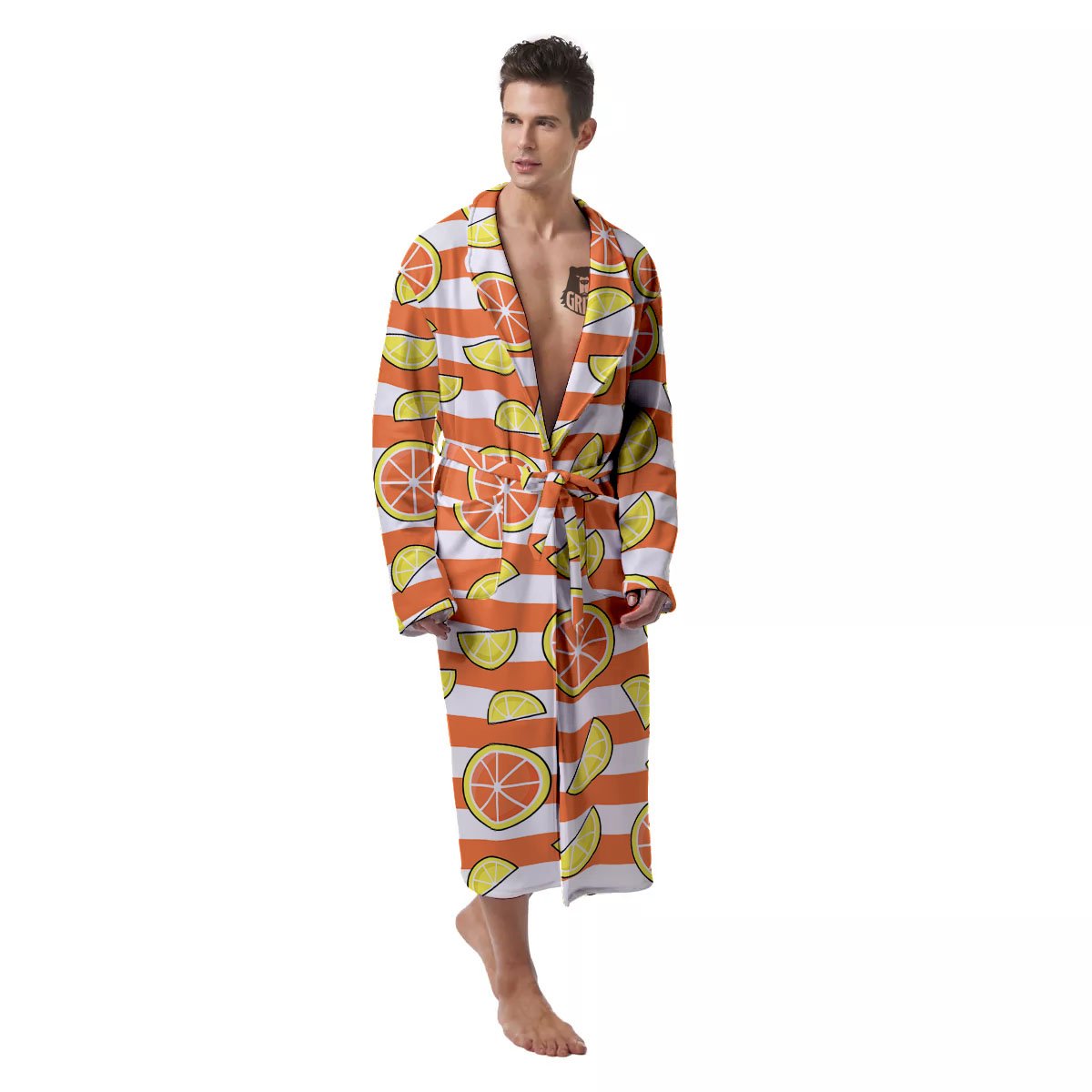 Striped Lemon And Orange Print Pattern Men's Robe-grizzshop