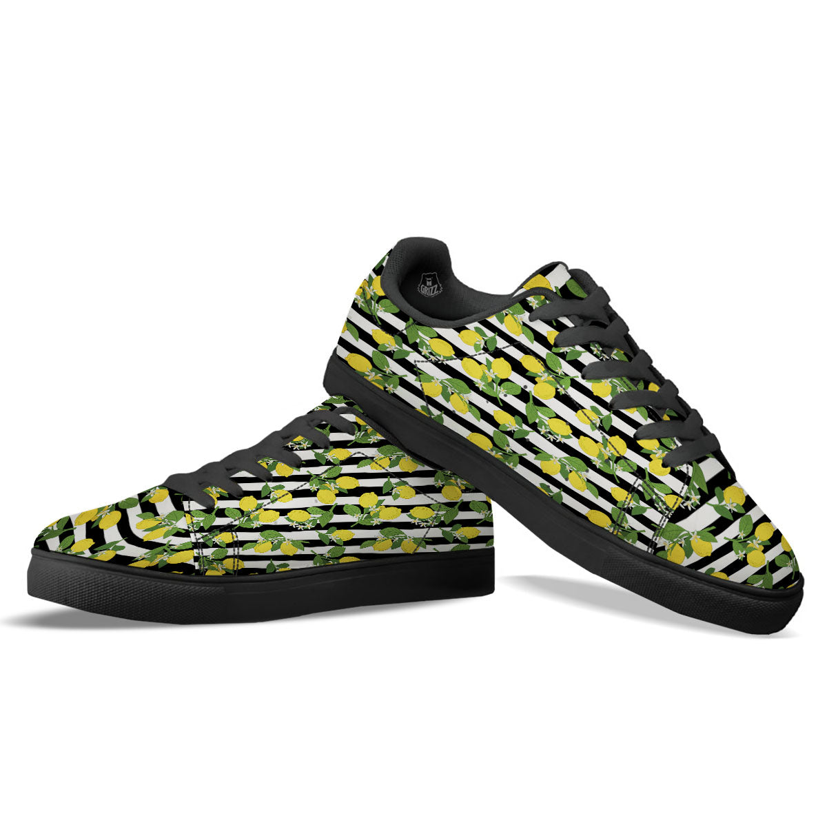 Striped Lemon Print Pattern Black Low Top Sneakers-grizzshop
