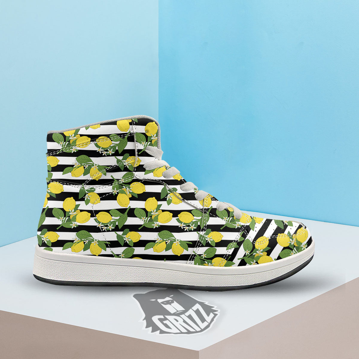 Striped Lemon Print Pattern High Top Sneakers-grizzshop