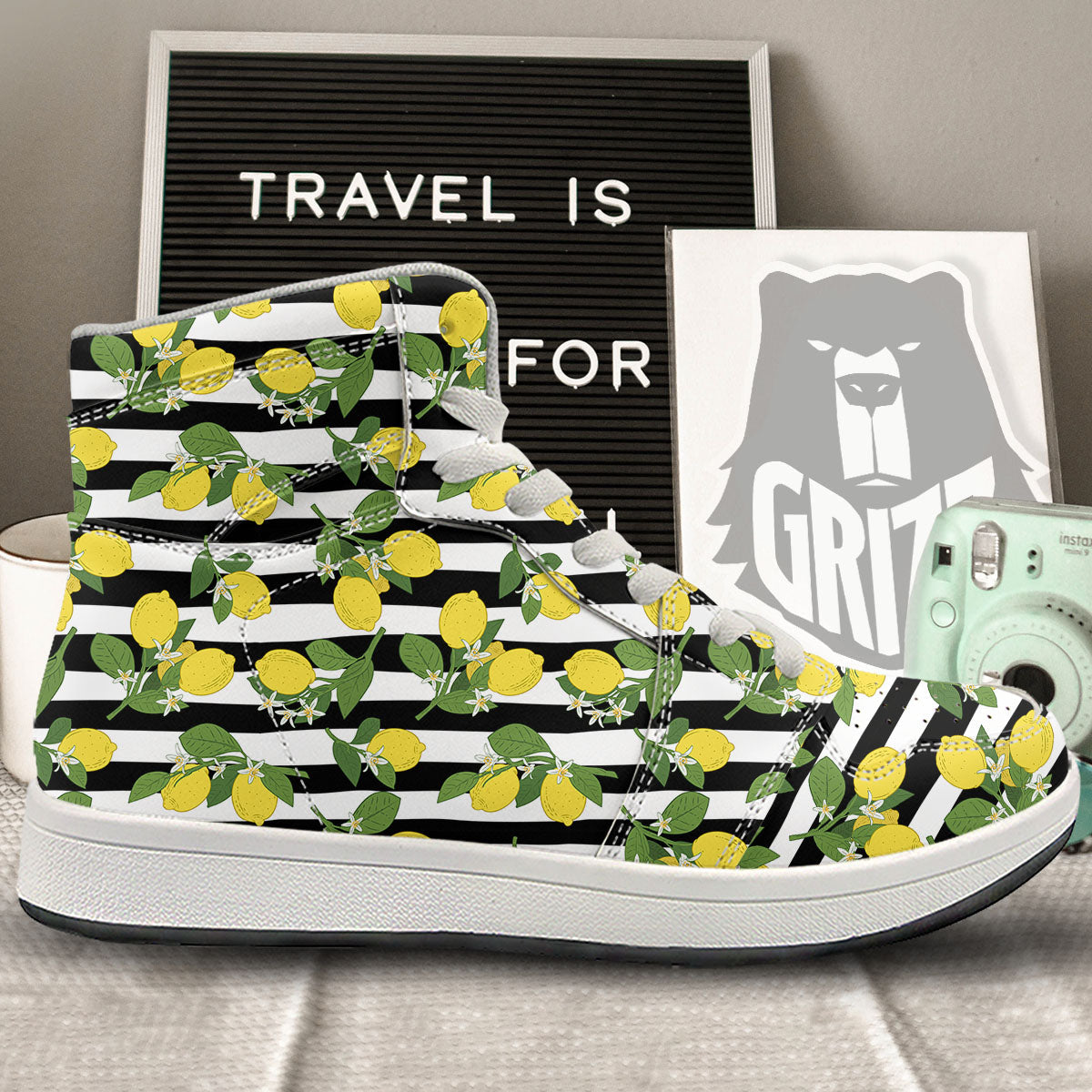 Striped Lemon Print Pattern High Top Sneakers-grizzshop