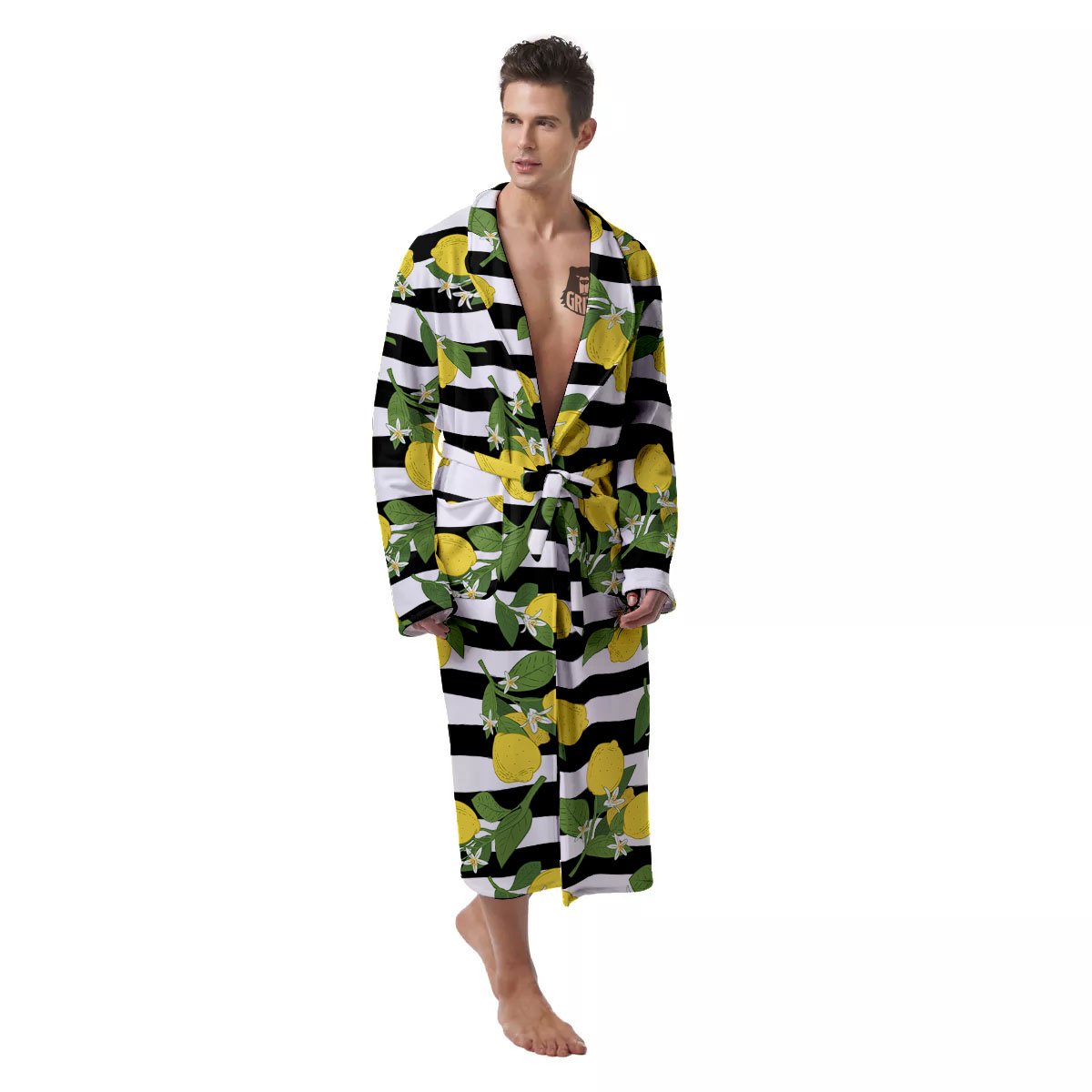 Striped Lemon Print Pattern Men's Robe-grizzshop