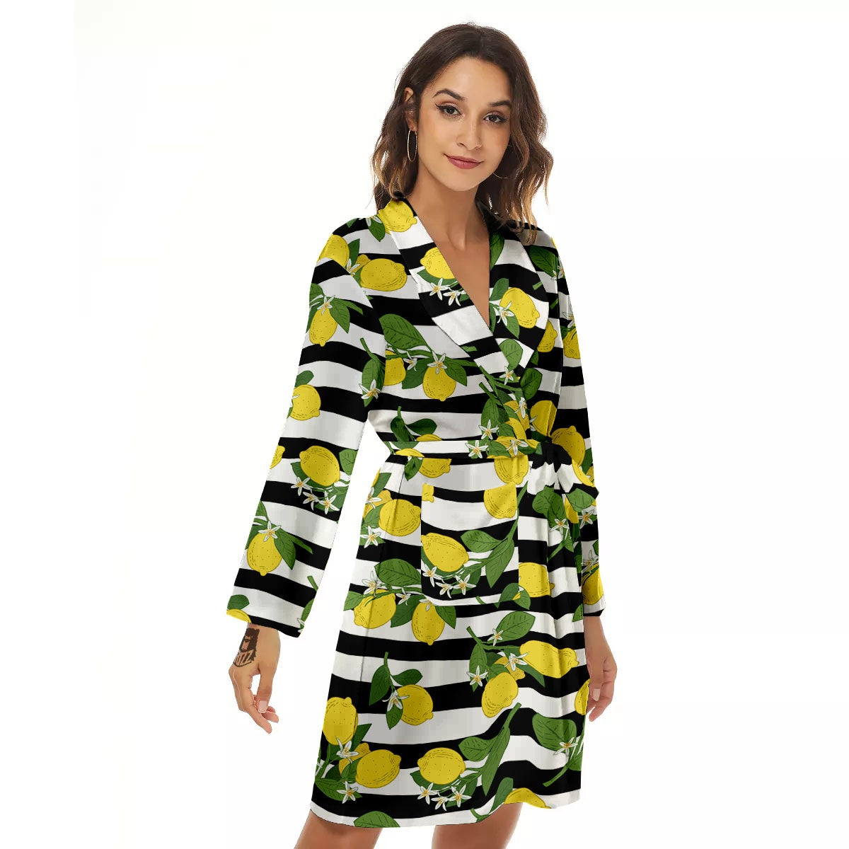 Striped Lemon Print Pattern Women's Robe-grizzshop