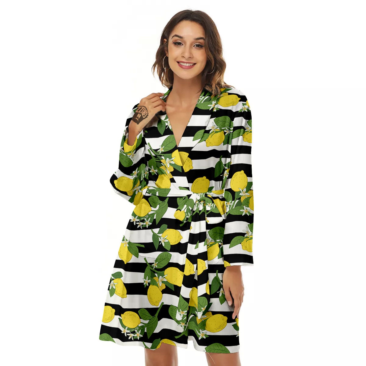Striped Lemon Print Pattern Women's Robe-grizzshop