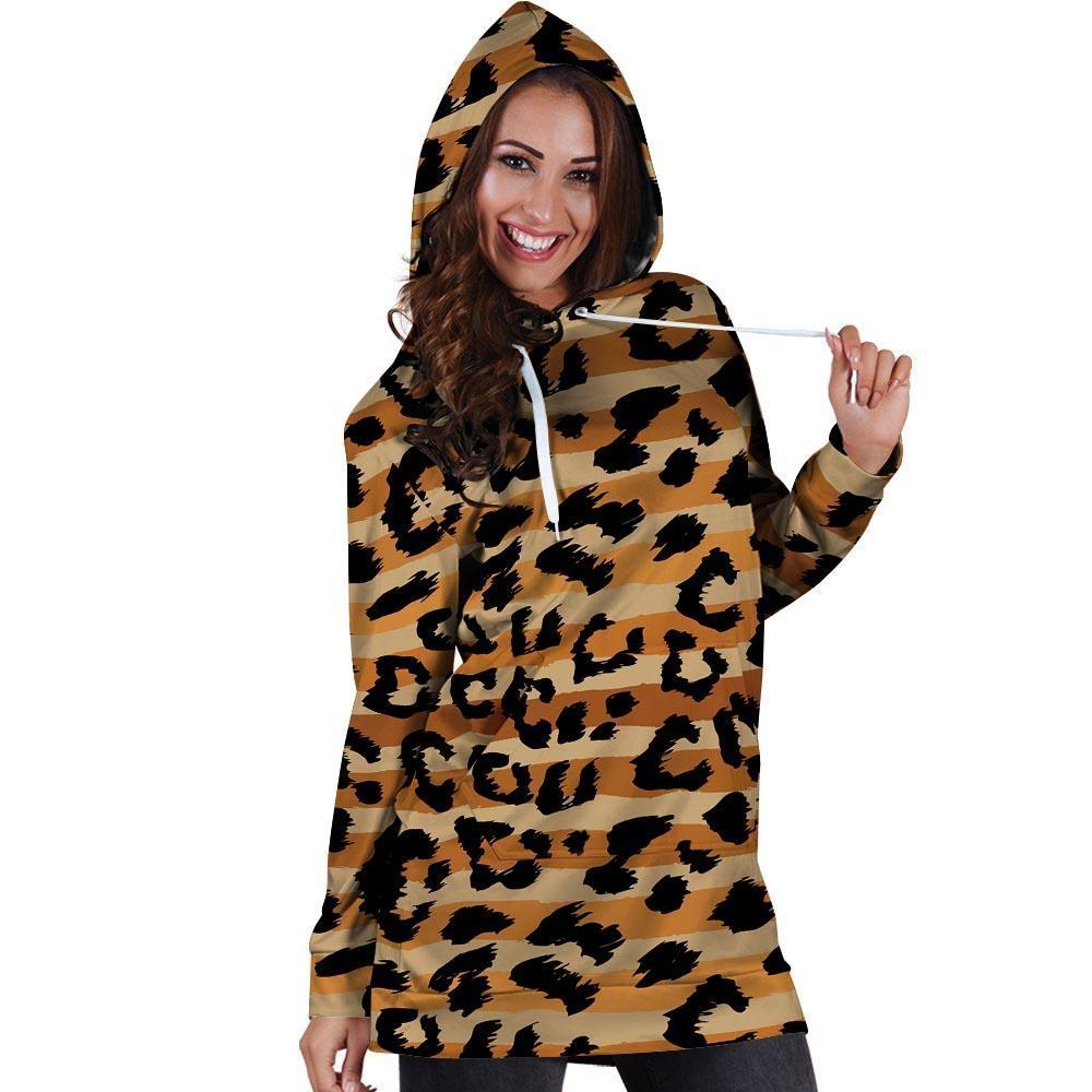 Striped Leopard Hoodie Dress-grizzshop