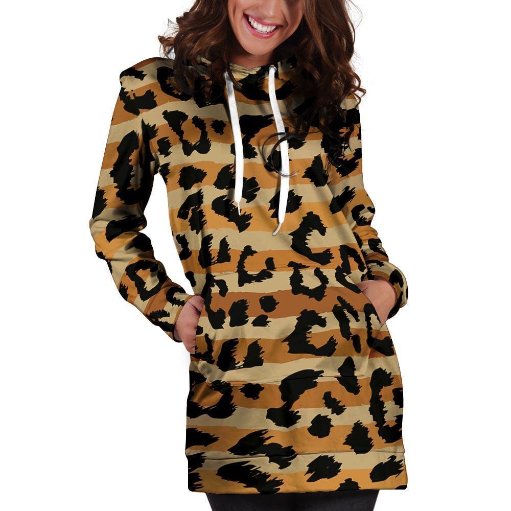 Striped Leopard Hoodie Dress-grizzshop