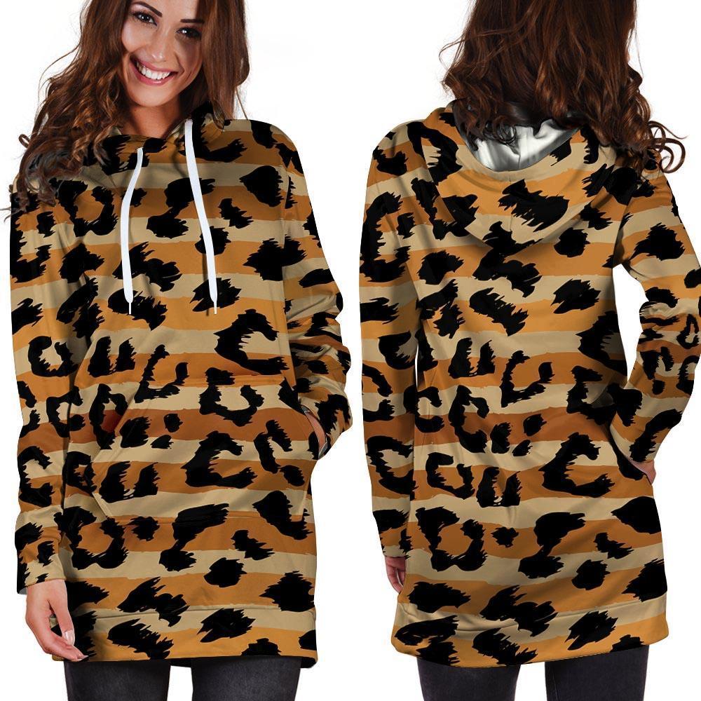 Striped Leopard Hoodie Dress-grizzshop