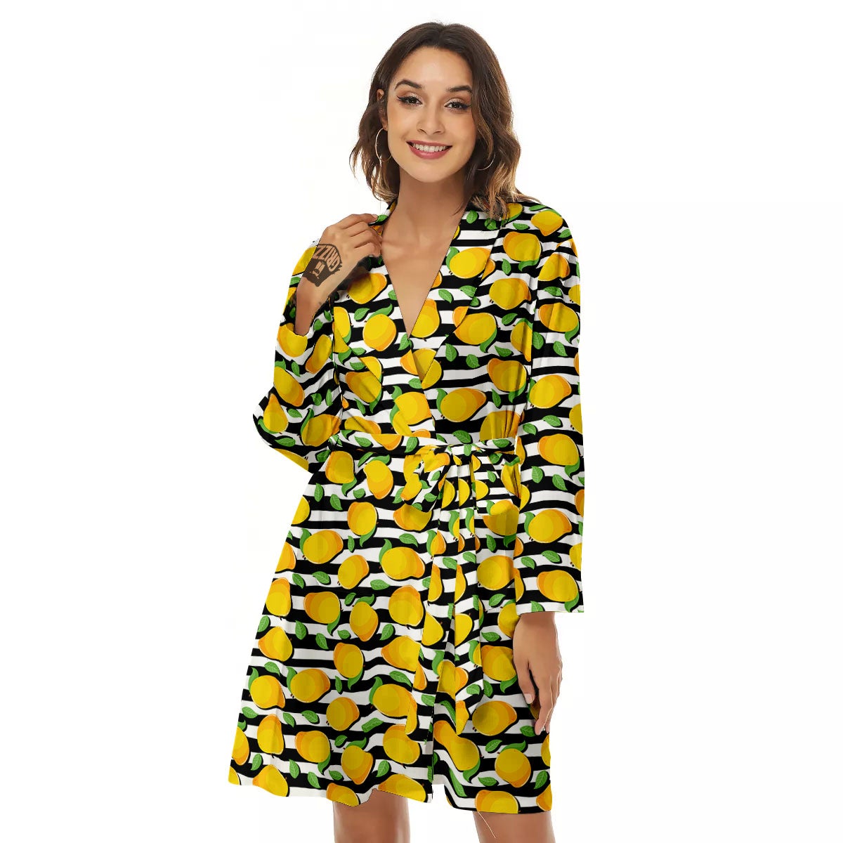Striped Mango Fruit Print Pattern Women's Robe-grizzshop