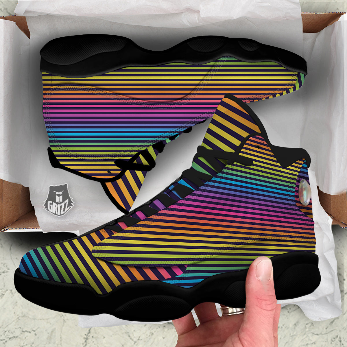 Striped Neon Rainbow Print Black Basketball Shoes-grizzshop