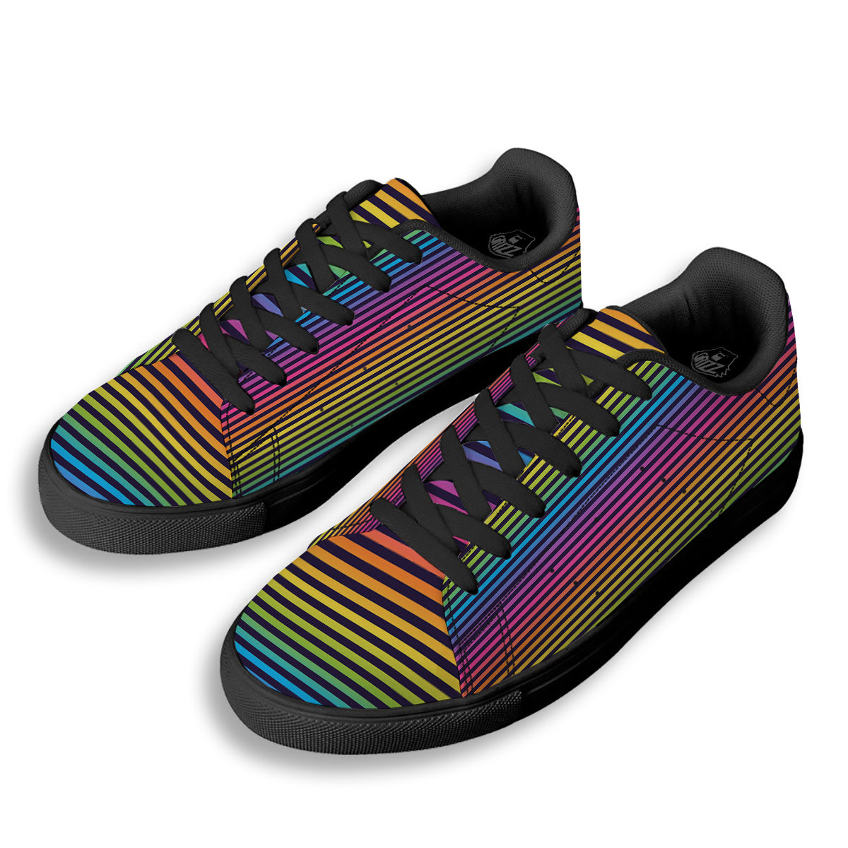 Striped Neon Rainbow Print Black Low Top Sneakers-grizzshop