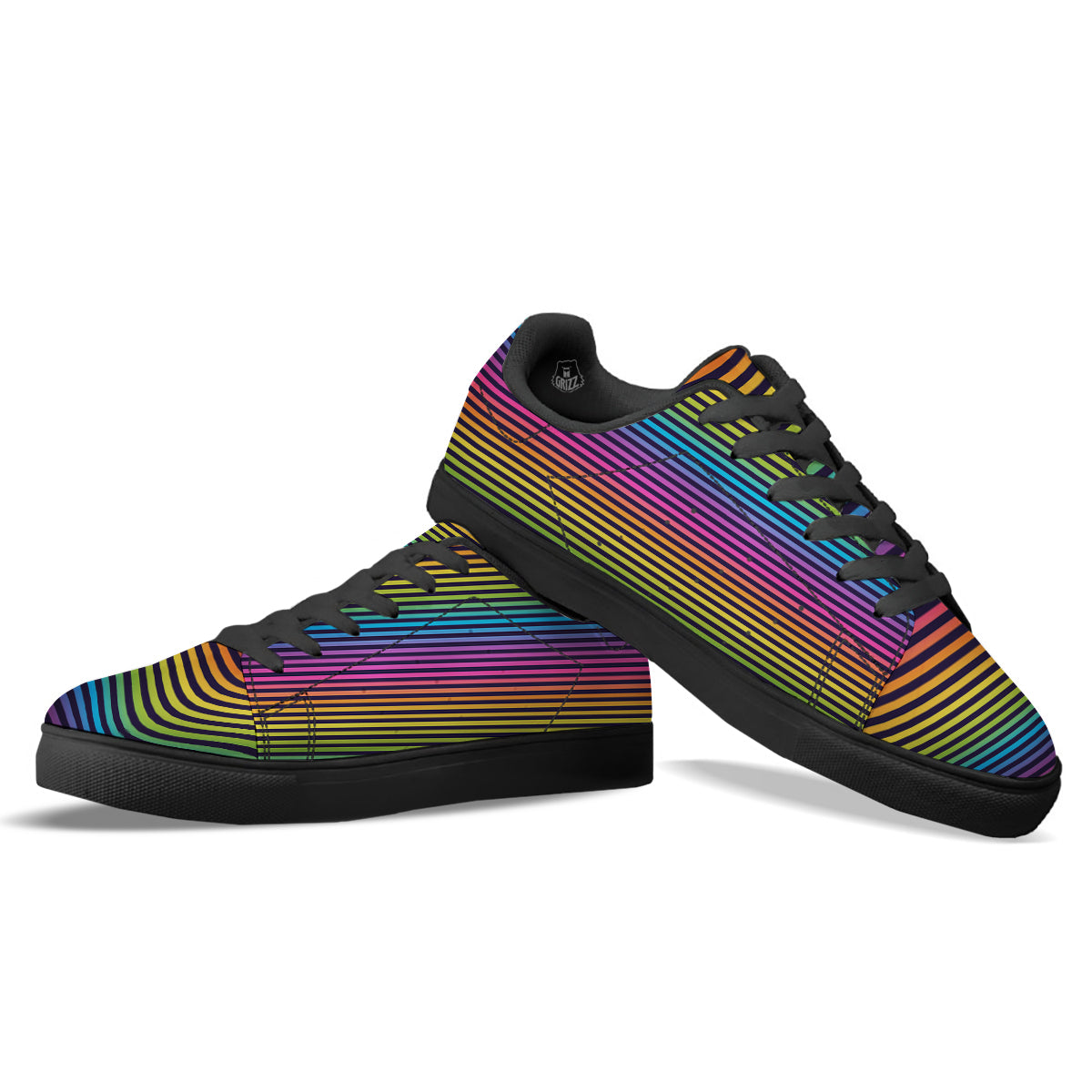 Striped Neon Rainbow Print Black Low Top Sneakers-grizzshop