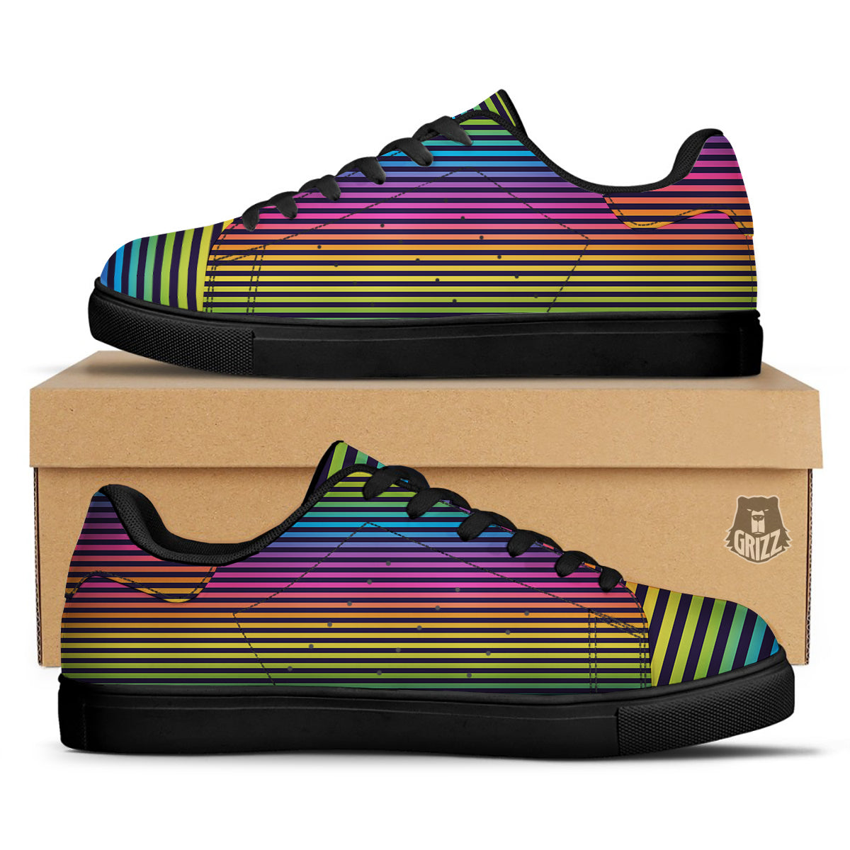 Striped Neon Rainbow Print Black Low Top Sneakers-grizzshop