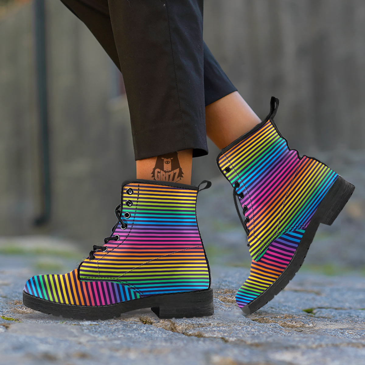 Striped Neon Rainbow Print Leather Boots-grizzshop