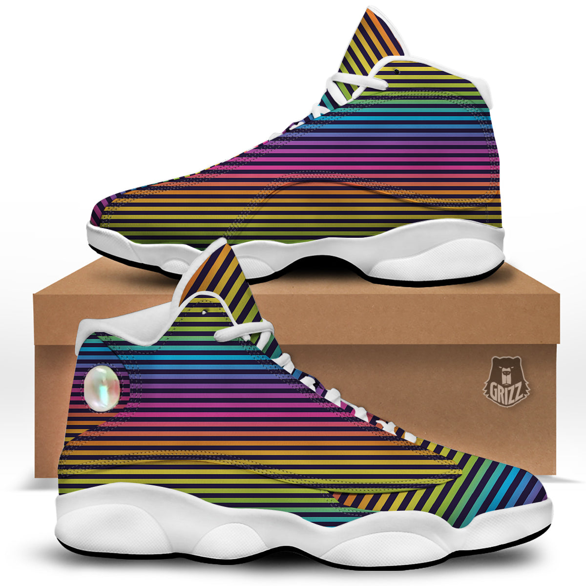 Striped Neon Rainbow Print White Basketball Shoes-grizzshop