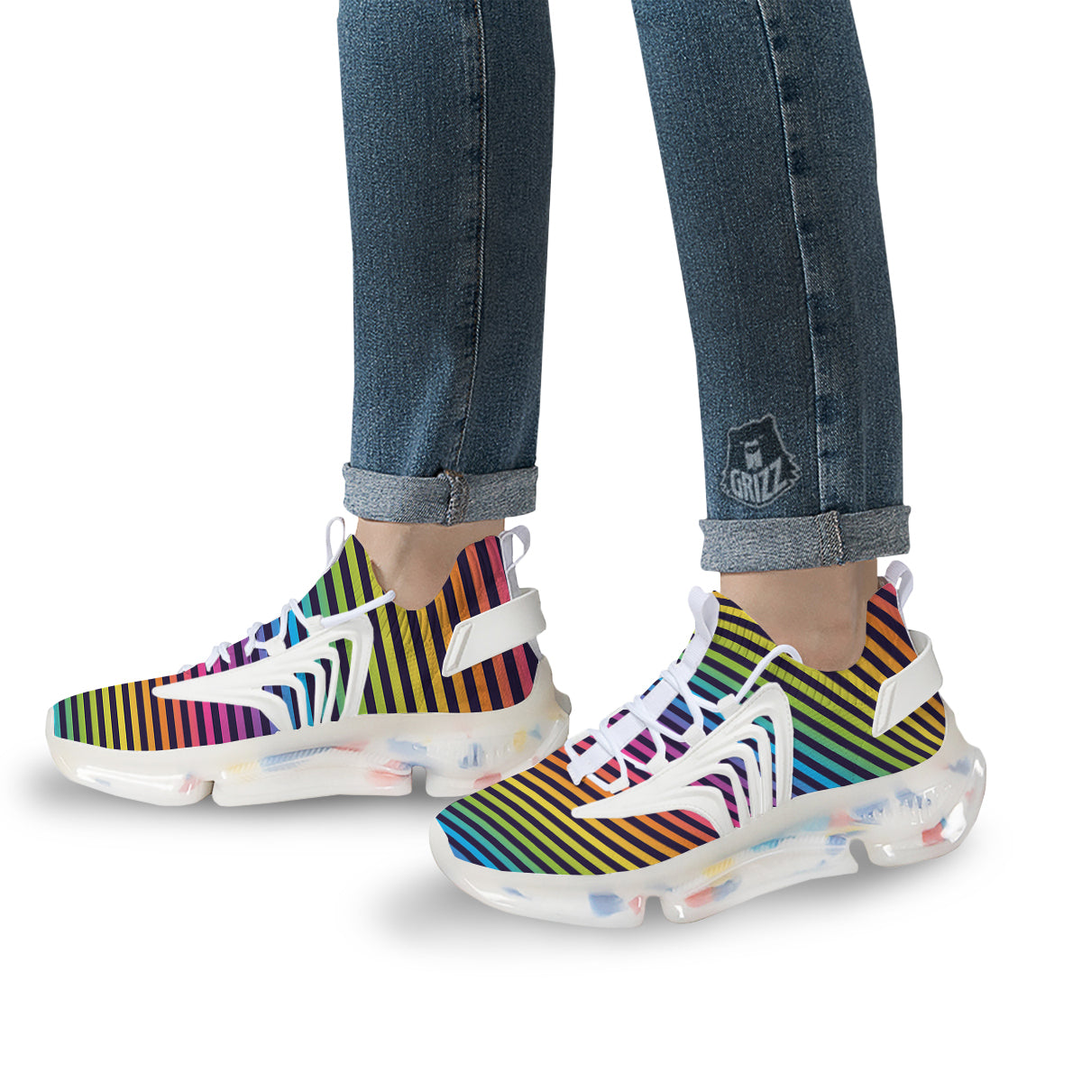 Striped Neon Rainbow Print White Gym Shoes-grizzshop