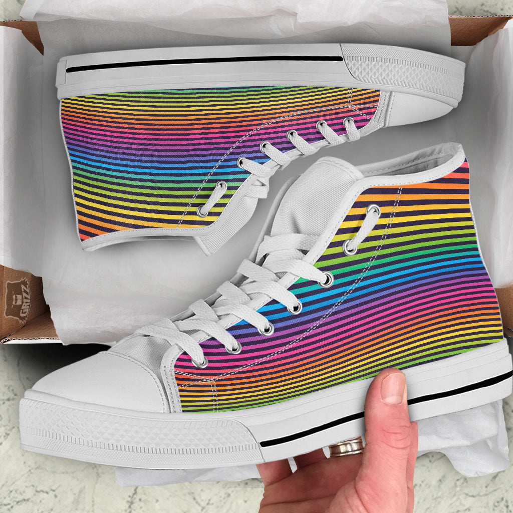 Striped Neon Rainbow Print White High Top Shoes-grizzshop