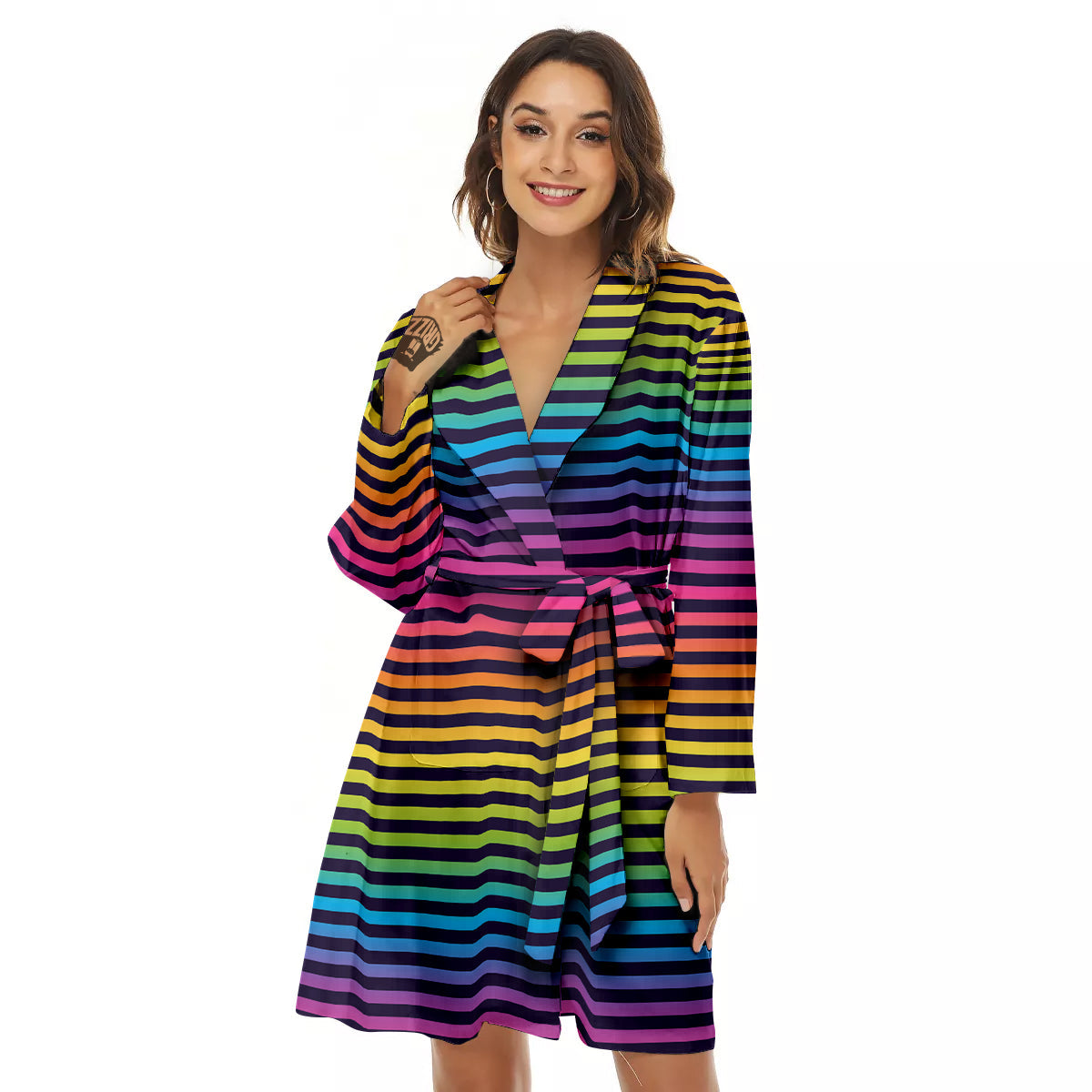 Striped Neon Rainbow Print Women's Robe-grizzshop