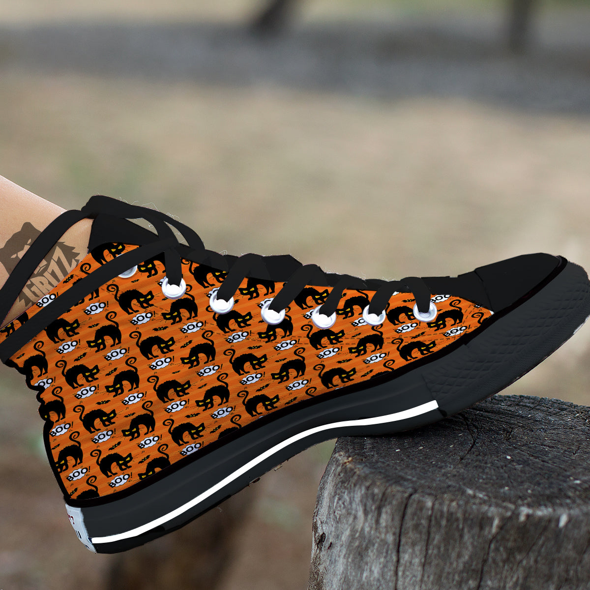 Striped Orange Black Cat Angry Print Pattern Black High Top Shoes-grizzshop