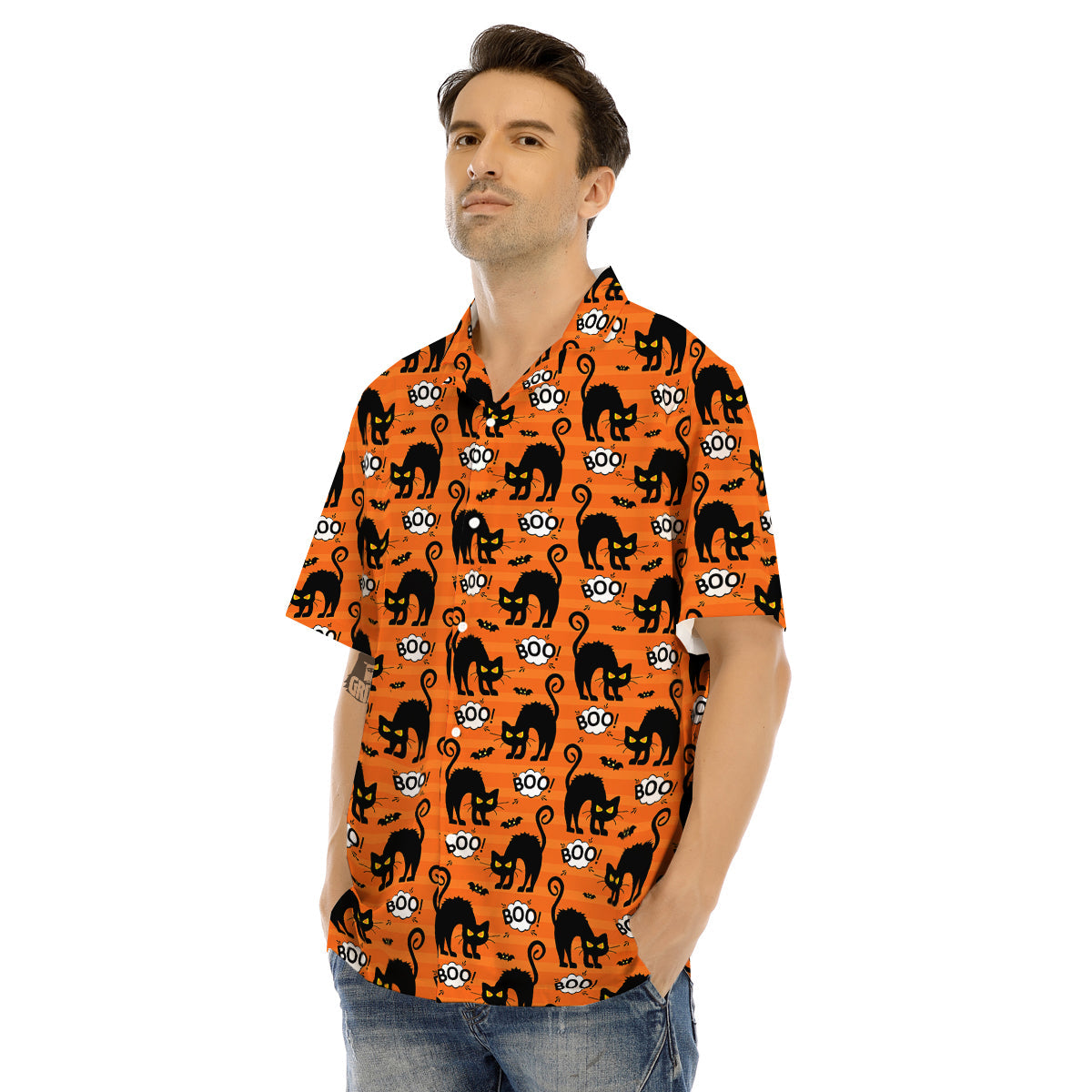 Striped Orange Black Cat Angry Print Pattern Men's Hawaiian Shirt-grizzshop