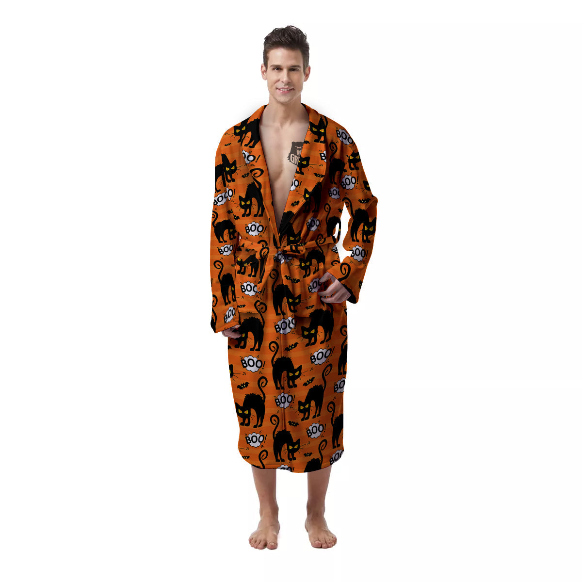 Striped Orange Black Cat Angry Print Pattern Men's Robe-grizzshop