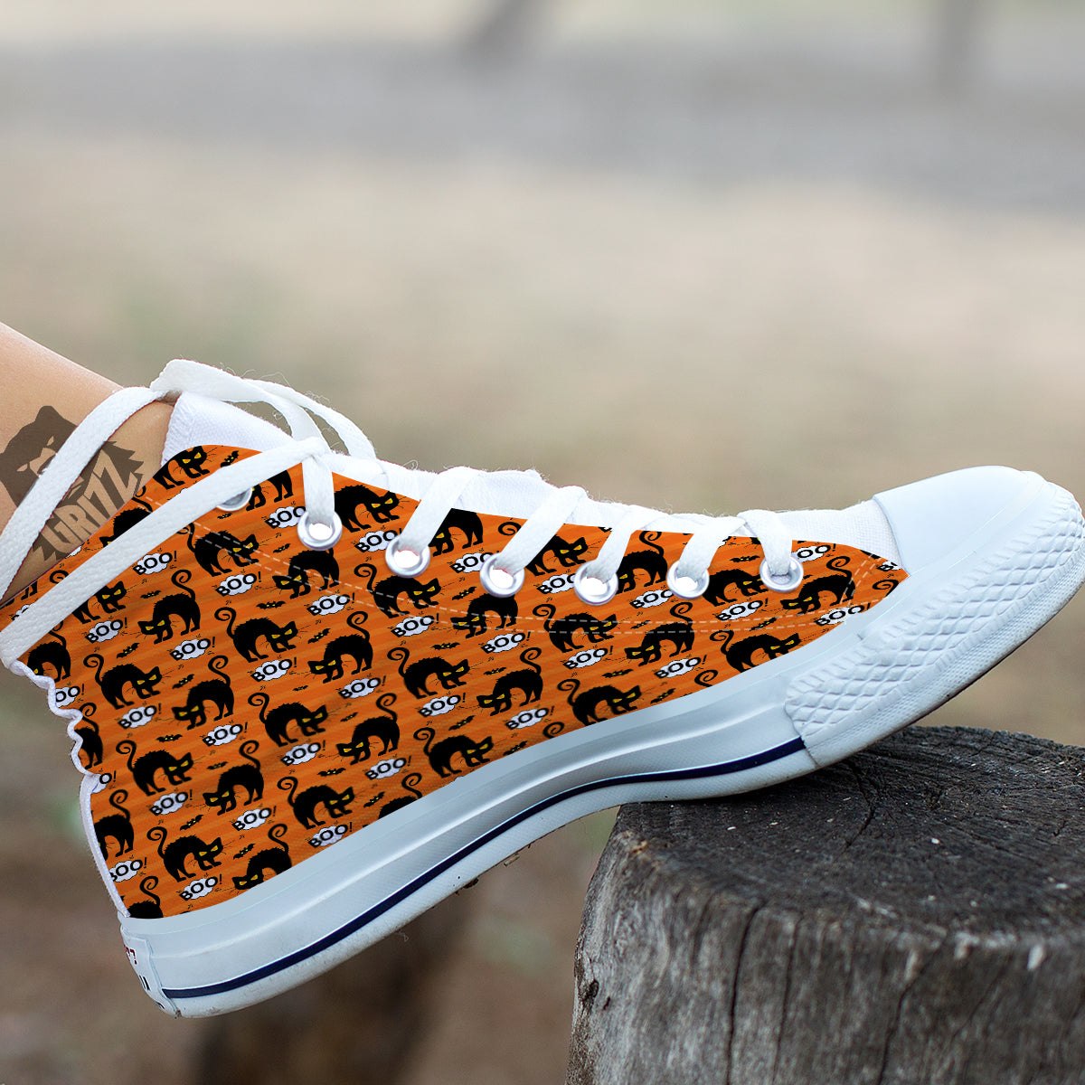 Striped Orange Black Cat Angry Print Pattern White High Top Shoes-grizzshop