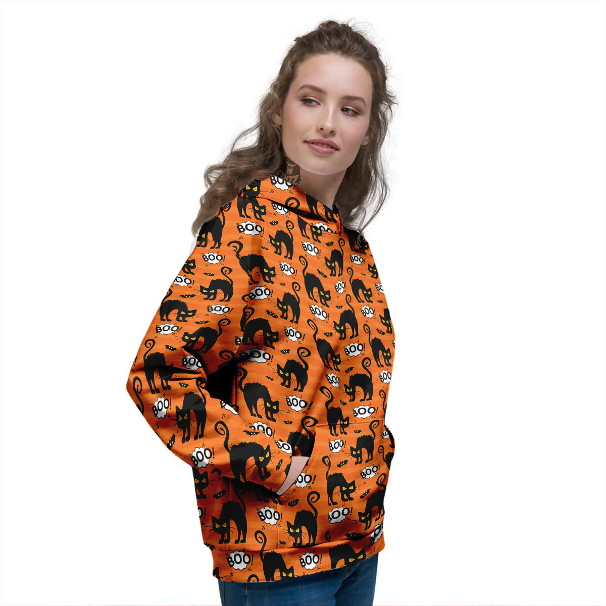 Striped Orange Black Cat Angry Print Pattern Women's Hoodie-grizzshop