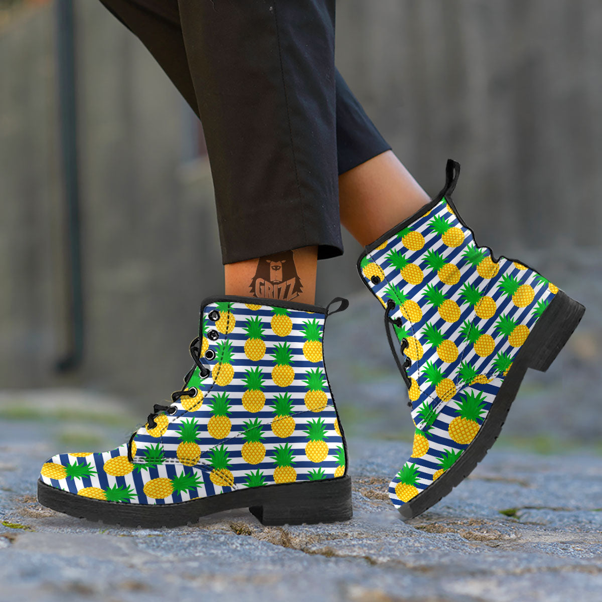 Striped Pineapple Print Pattern Leather Boots-grizzshop