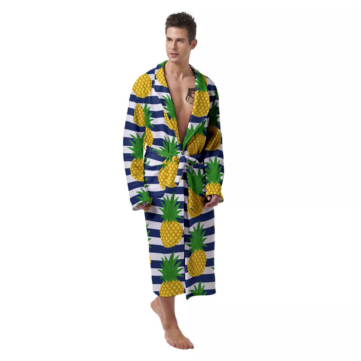 Striped Pineapple Print Pattern Men's Robe-grizzshop