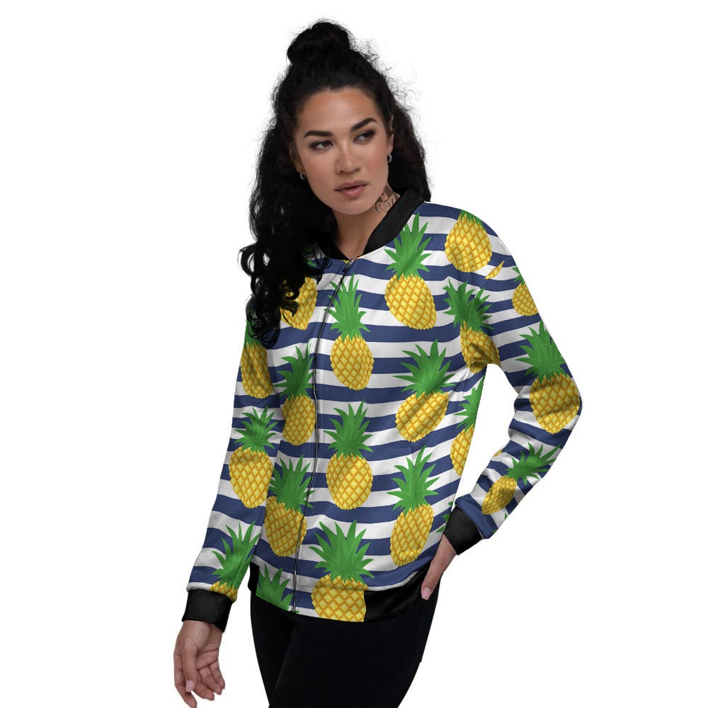 Striped Pineapple Print Pattern Women's Bomber Jacket-grizzshop