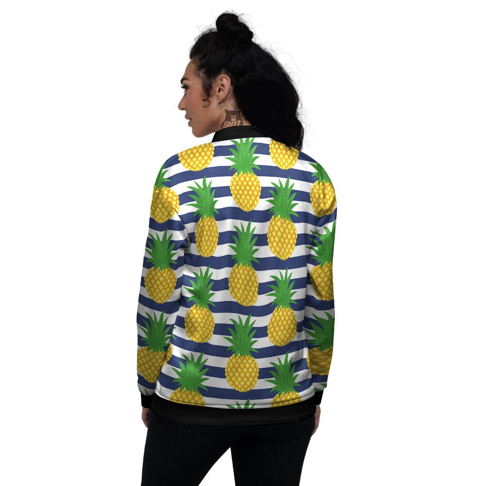 Striped Pineapple Print Pattern Women's Bomber Jacket-grizzshop