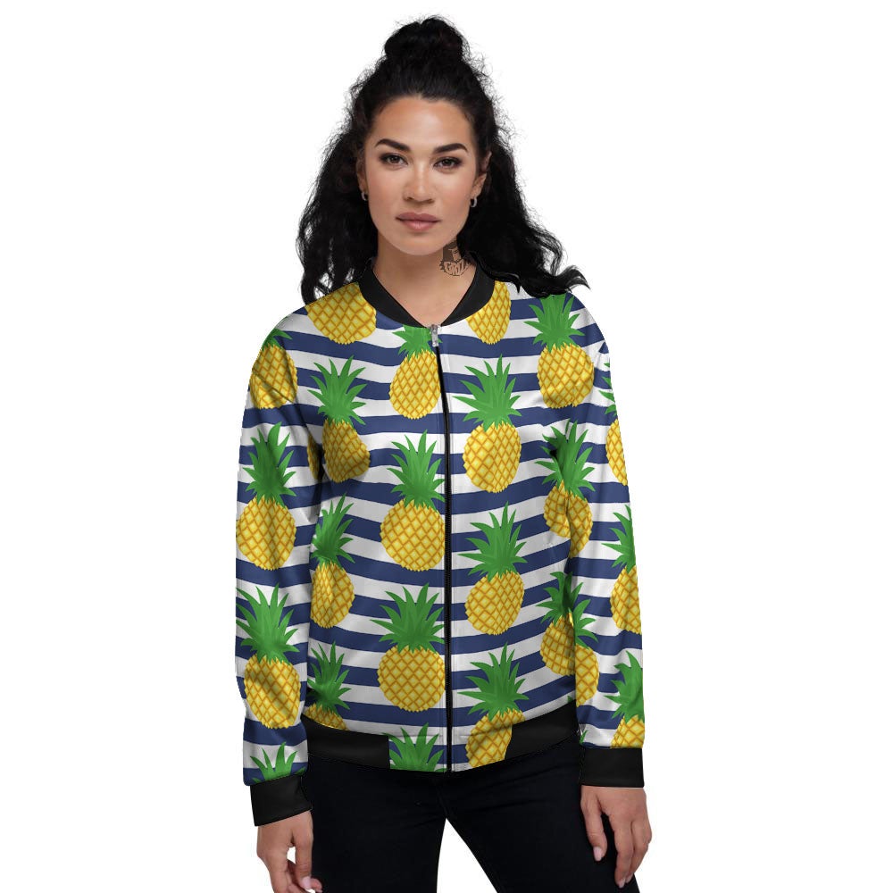 Striped Pineapple Print Pattern Women's Bomber Jacket-grizzshop